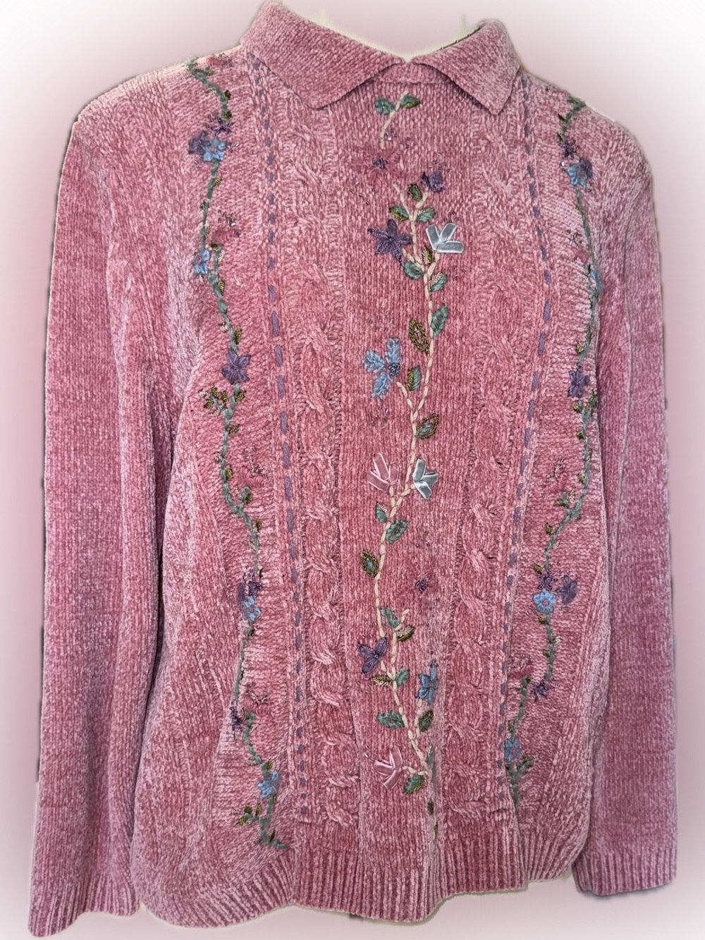 Vintage Alfred Dunner Chenille Floral Cable-Front Granny Cottage Core Sweater